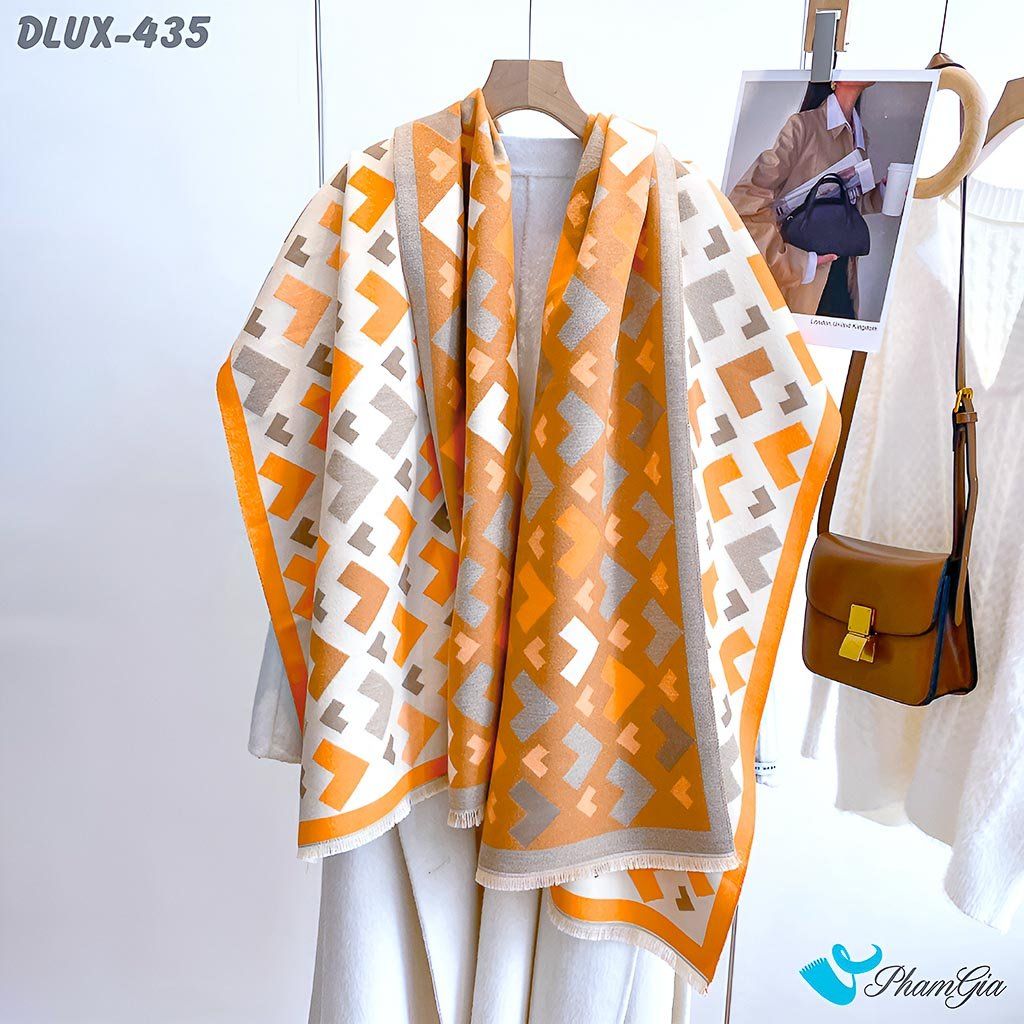 Góc Thẳng Khăn Choàng Dạ Cashmere Cao Cấp Họa Tiết Mũi Tên Hình Học Màu Kem Viền Cam Hiện Đại