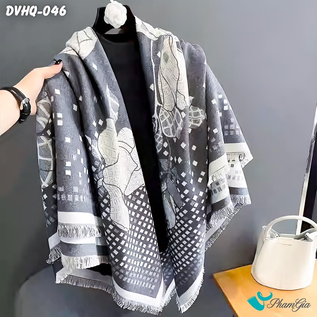 Khăn Choàng Dạ Cashmere Vuông Phong Cách Hàn Quốc Cao Cấp Họa Tiết Hoa Hồng Màu Xám Ghi