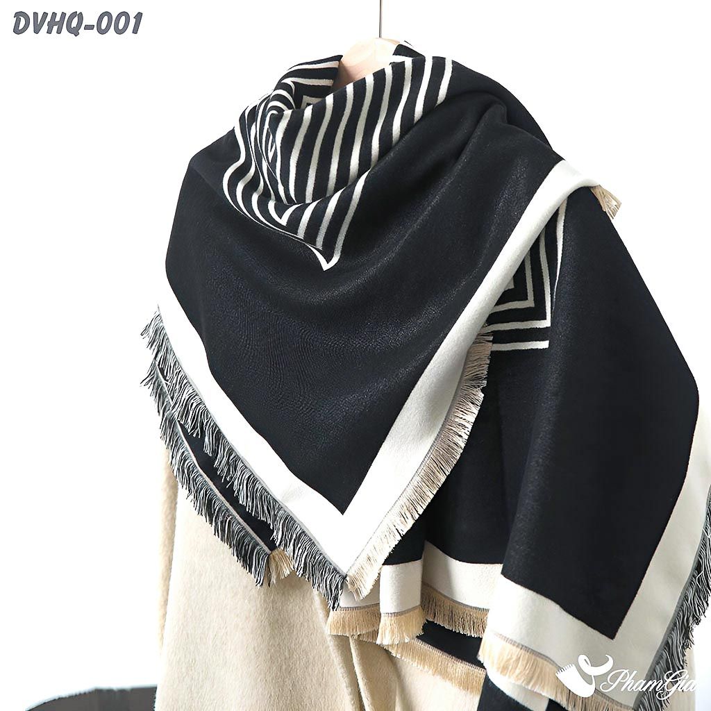 Góc Nghiêng Khăn Choàng Dạ Cashmere Vuông Phong Cách Hàn Quốc Cao Cấp Họa Tiết Kẻ Sọc Đen - Trắng