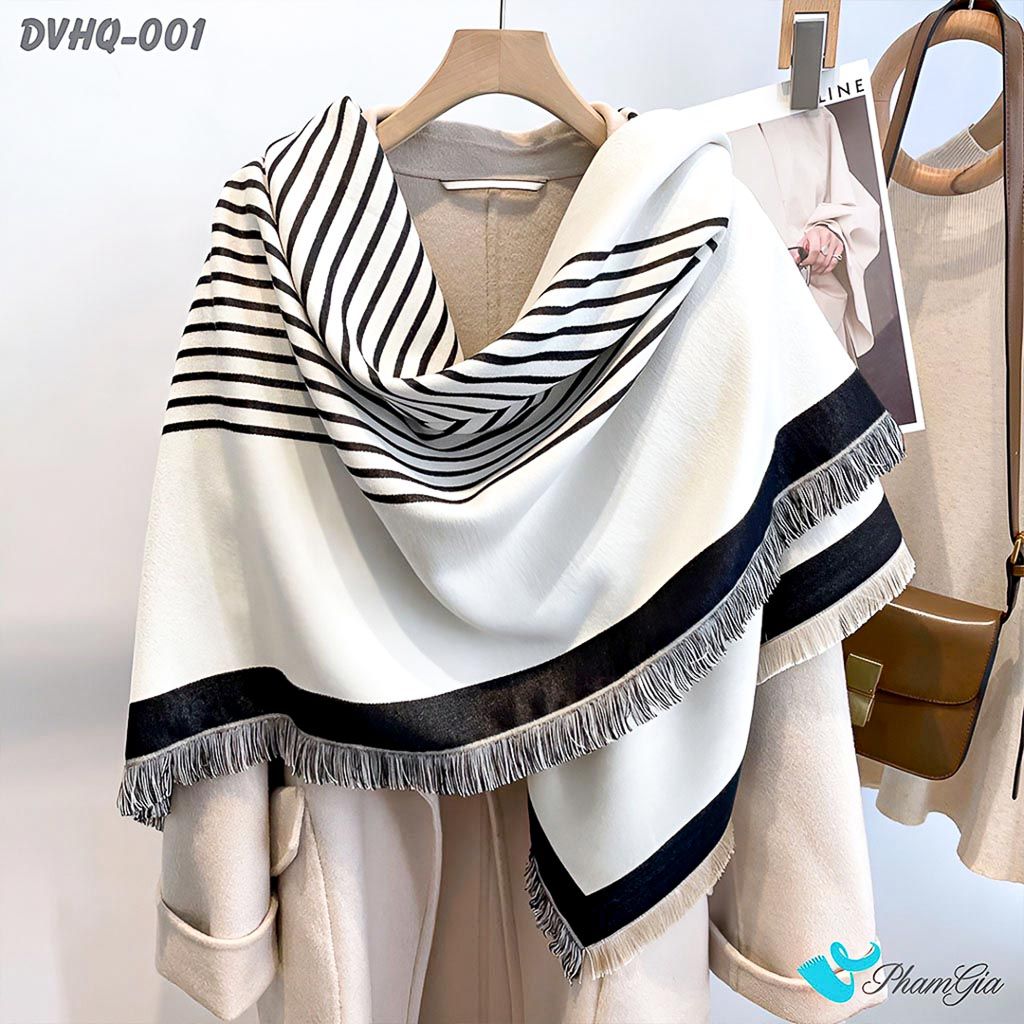 Góc Chính Diện Khăn Choàng Dạ Cashmere Vuông Phong Cách Hàn Quốc Cao Cấp Họa Tiết Kẻ Sọc Đen - Trắng