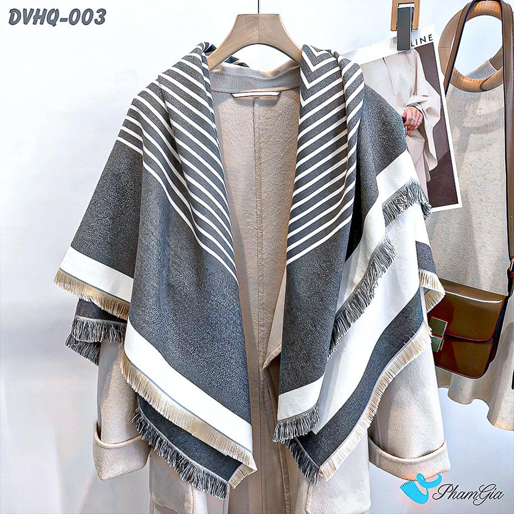 Góc Thẳng Khăn Choàng Dạ Cashmere Vuông Phong Cách Hàn Quốc Cao Cấp Họa Tiết Kẻ Sọc Ghi - Trắng