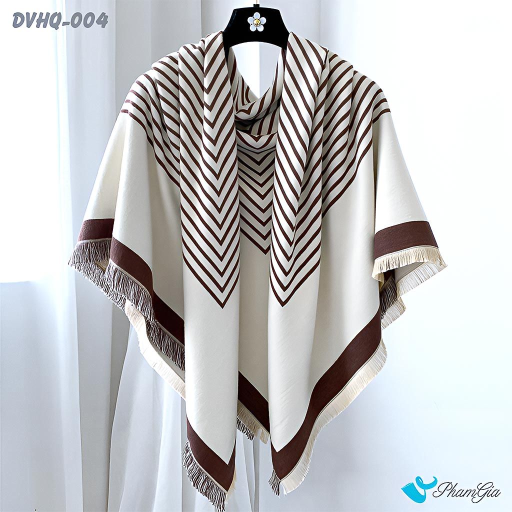 Góc Trên Khăn Choàng Dạ Cashmere Vuông Phong Cách Hàn Quốc Cao Cấp Họa Tiết Kẻ Sọc Nâu Tây - Trắng
