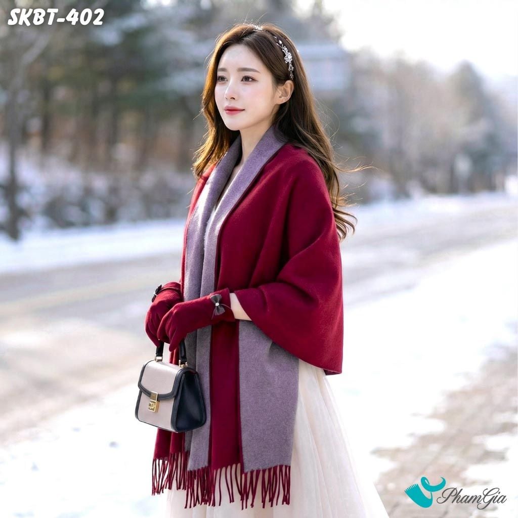 Set Giữ Ấm Đặc Biệt Mùa Đông Gồm Khăn Dạ Và Găng Tay Cao Cấp Màu Đỏ Đô (SKBT402)