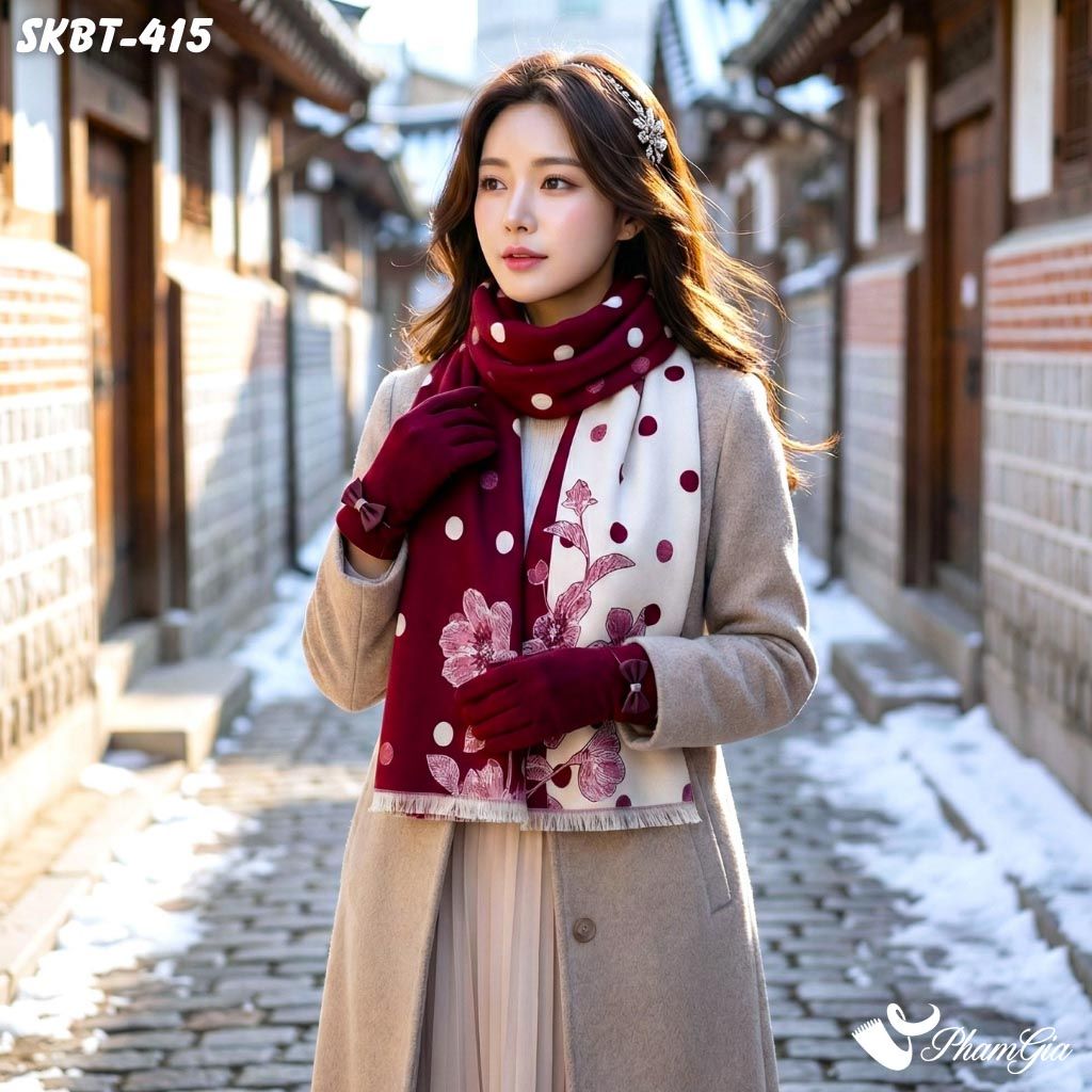 Set Giữ Ấm Đặc Biệt Mùa Đông Gồm Khăn Dạ Và Găng Tay Cao Cấp Màu Đỏ Mận (SKBT415)