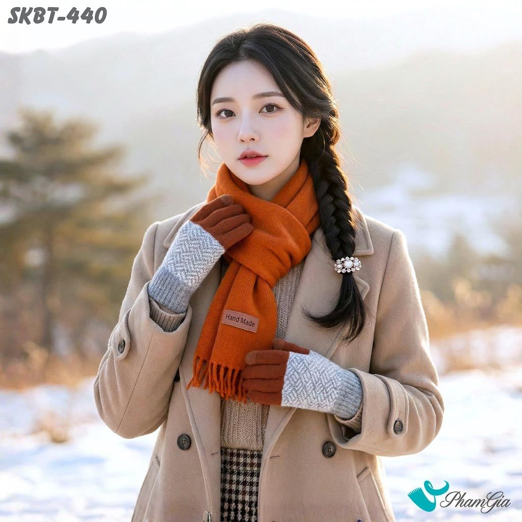 Set Giữ Ấm Đặc Biệt Mùa Đông Gồm Khăn Len Và Găng Tay Cao Cấp Màu Cam (SKBT440)