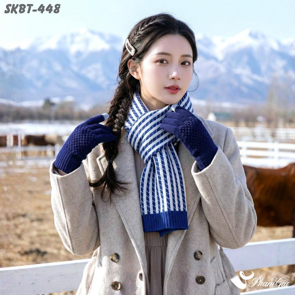 Set Giữ Ấm Đặc Biệt Mùa Đông Gồm Khăn Len Và Găng Tay Cao Cấp Màu Xanh Navy (SKBT448)
