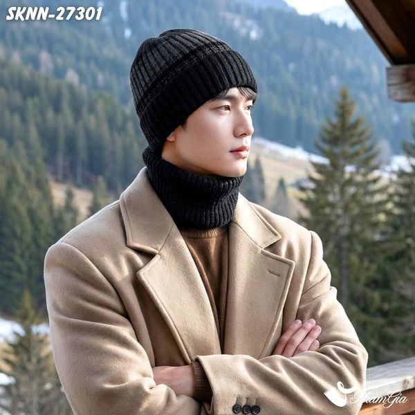 Set Khăn Nón Len Beanie Giữ Ấm Phối Màu Unisex Hiện Đại Màu Đen (SKNN27301)