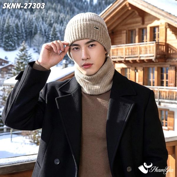 Set Khăn Nón Len Beanie Giữ Ấm Phối Màu Unisex Hiện Đại Màu Beige (SKNN27303)