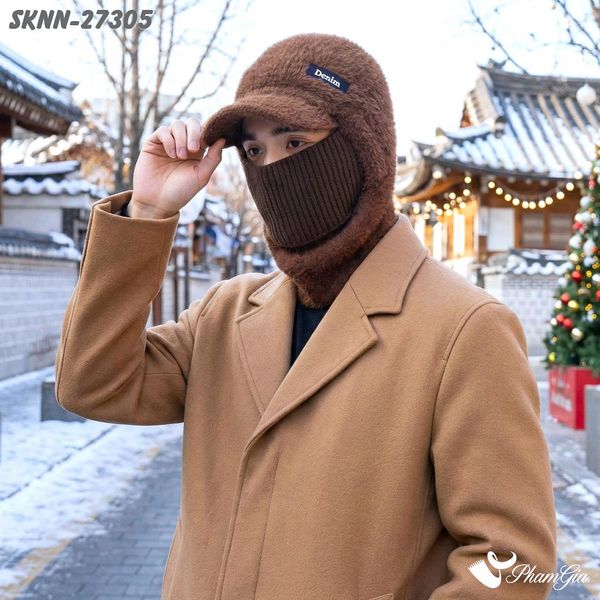 Set Khăn Nón Len Phối Lông Unisex Tích Hợp Khẩu Trang Giữ Ấm, Chắn Gió Mùa Đông Màu Nâu (SKNN27305)