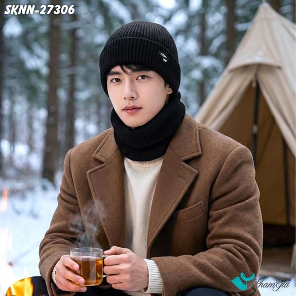 Set Khăn Nón Len Beanie Giữ Ấm Unisex Hiện Đại Màu Đen (SKNN27306)