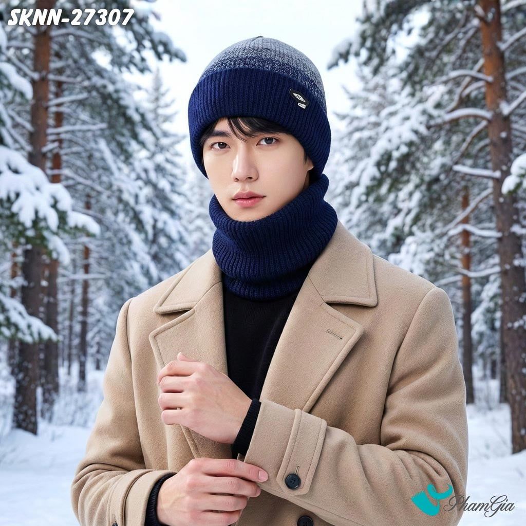 Set Khăn Nón Len Beanie Giữ Ấm Unisex Hiện Đại Màu Xanh Navy (SKNN27307)