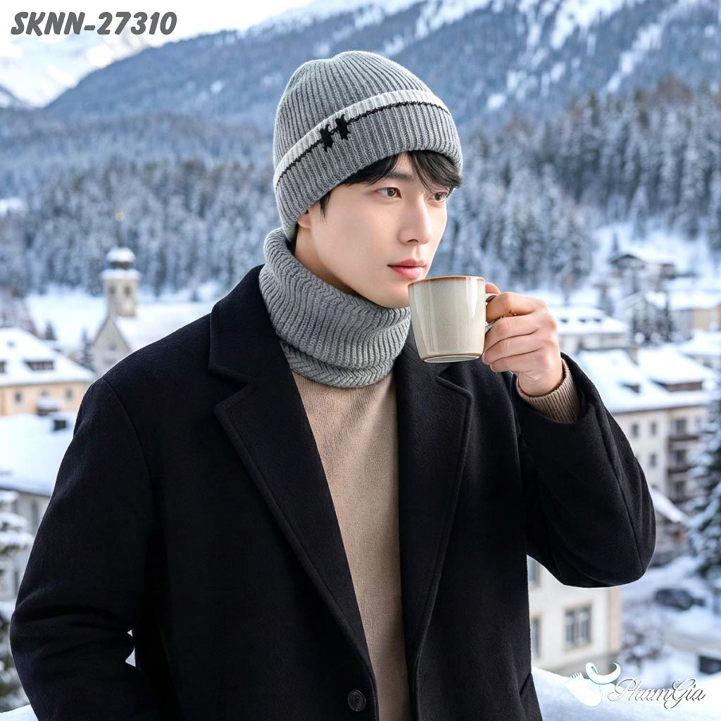 Set Khăn Nón Len Beanie Giữ Ấm Unisex Phối Viền Hiện Đại Màu Xám Khói (SKNN27310)