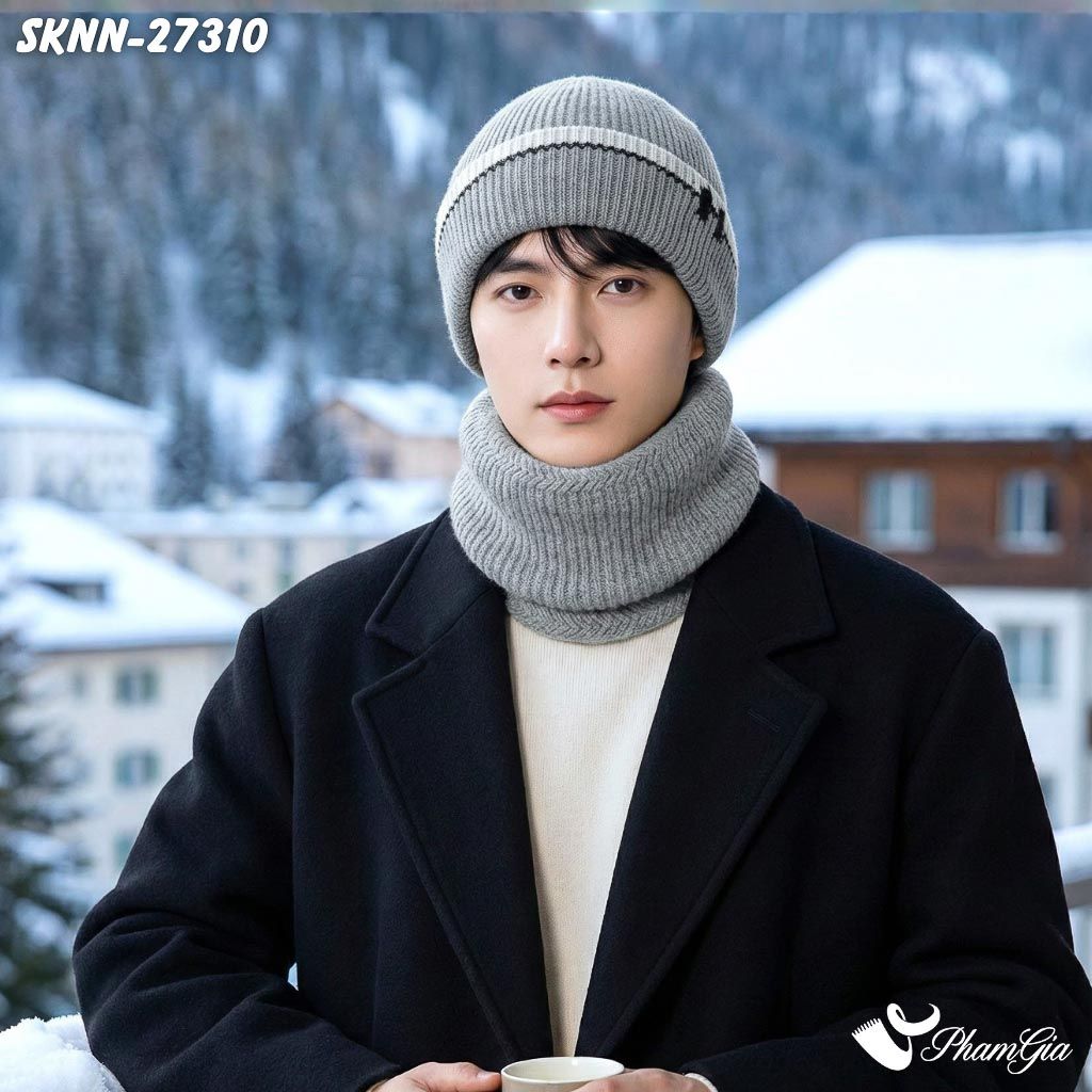 Set Khăn Nón Len Beanie Giữ Ấm Unisex Phối Viền Hiện Đại Màu Xám Khói (SKNN27310)