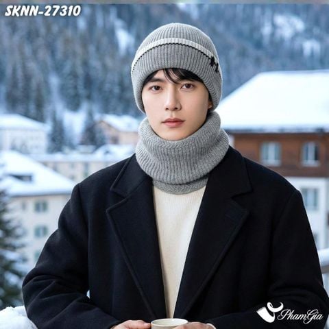 Set Khăn Nón Len Beanie Giữ Ấm Unisex Phối Viền Hiện Đại Màu Xám Khói (SKNN27310)