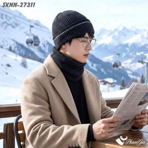 Set Khăn Nón Len Beanie Giữ Ấm Unisex Phối Viền Hiện Đại Màu Xám Ghi (SKNN27311)