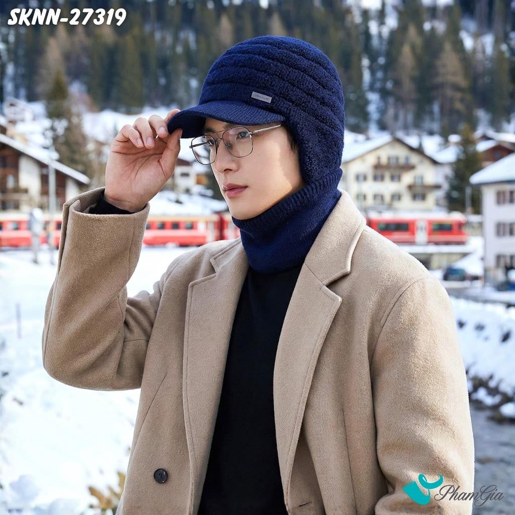 Set Khăn Nón Len Xù Giữ Ấm Unisex Có Tai Chụp Màu Xanh Navy (SKNN27319)