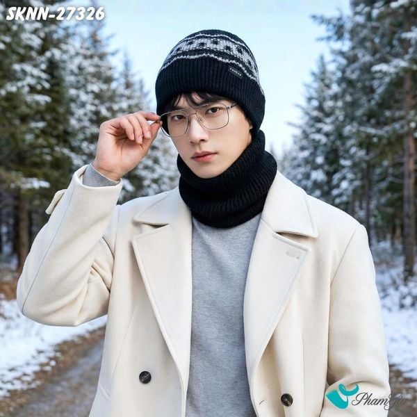 Set Khăn Nón Len Beanie Giữ Ấm Unisex Họa Tiết Mùa Đông Màu Đen (SKNN27326)