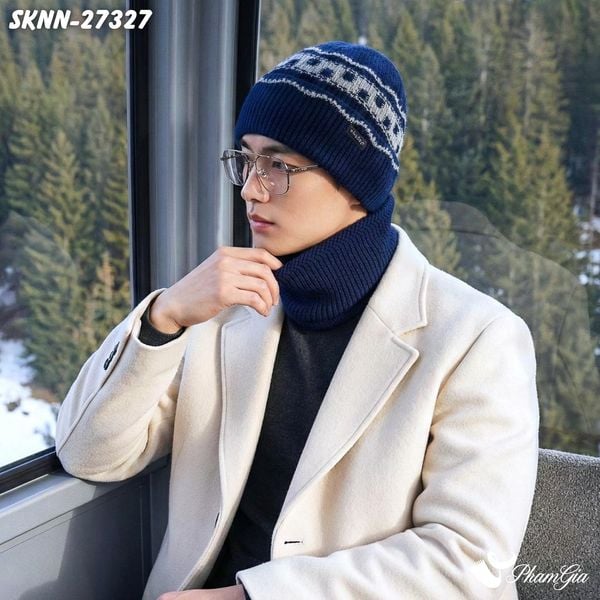 Set Khăn Nón Len Beanie Giữ Ấm Unisex Họa Tiết Mùa Đông Màu Xanh Navy (SKNN27327)