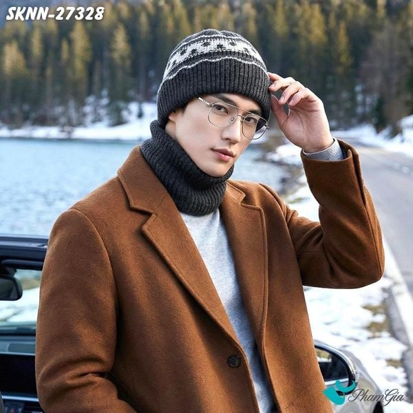 Set Khăn Nón Len Beanie Giữ Ấm Unisex Họa Tiết Mùa Đông Màu Xám (SKNN27328)