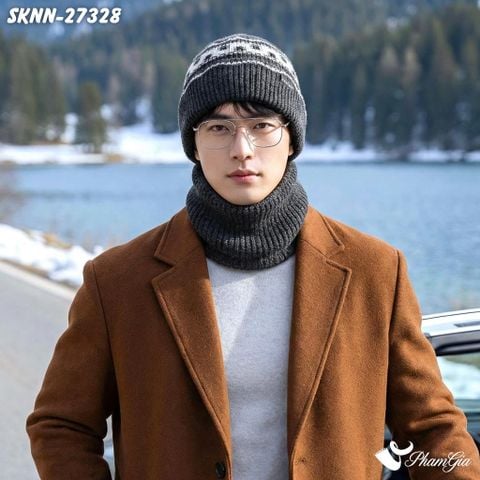 Set Khăn Nón Len Beanie Giữ Ấm Unisex Họa Tiết Mùa Đông Màu Xám (SKNN27328)