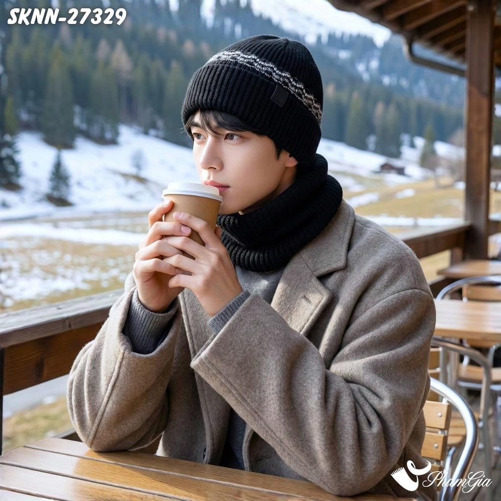 Set Khăn Nón Len Beanie Giữ Ấm Unisex Phối Viền Lịch Lãm Màu Đen (SKNN27329)