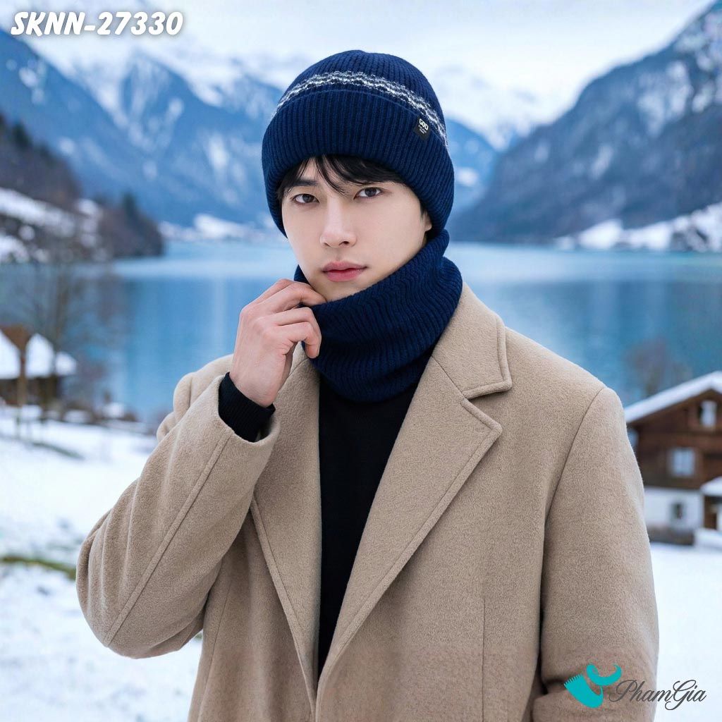 Set Khăn Nón Len Beanie Giữ Ấm Unisex Phối Viền Lịch Lãm Màu Xanh Navy (SKNN27330)