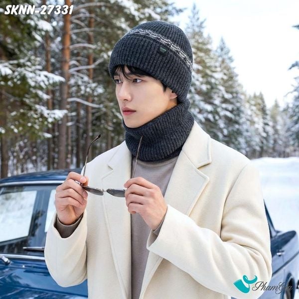 Set Khăn Nón Len Beanie Giữ Ấm Unisex Phối Viền Lịch Lãm Màu Xám (SKNN27331)