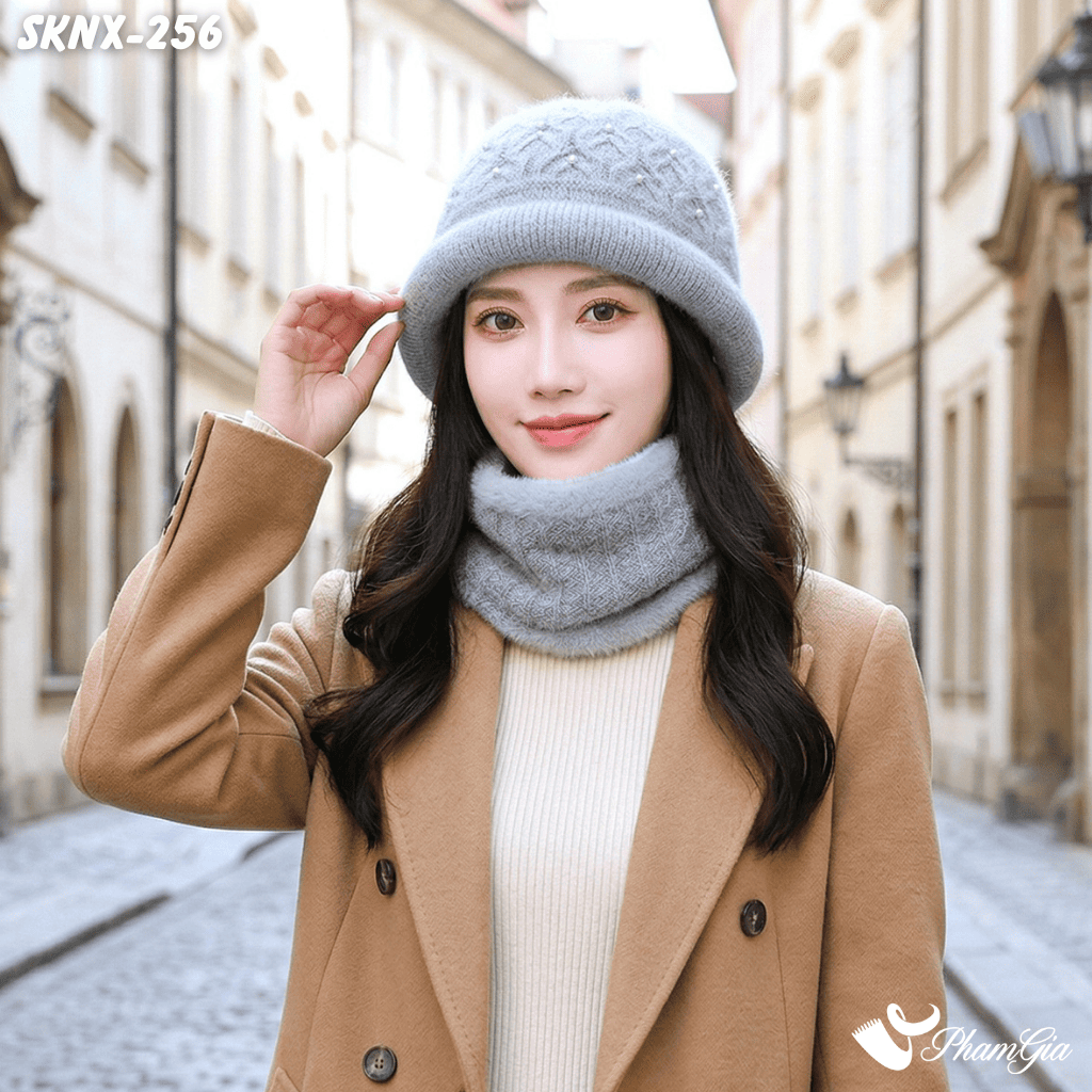 Set Khăn Nón Len Trái Cao Cấp Màu Xám (SKNX256)
