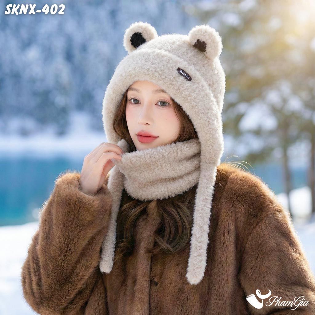 Set Khăn Nón Len Giữ Ấm 2 Lớp Phong Cách Tai Gấu Dễ Thương Màu Beige (SKNX402)