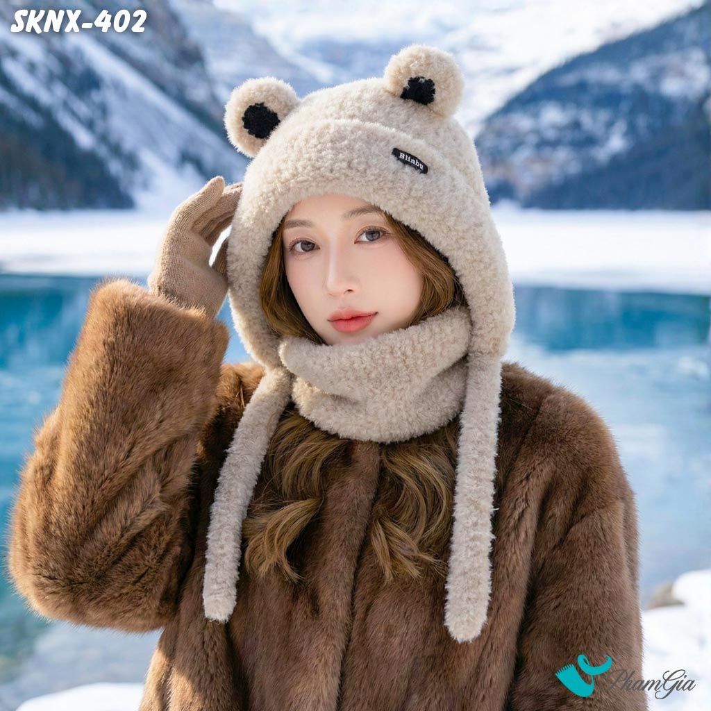 Set Khăn Nón Len Giữ Ấm 2 Lớp Phong Cách Tai Gấu Dễ Thương Màu Beige (SKNX402)