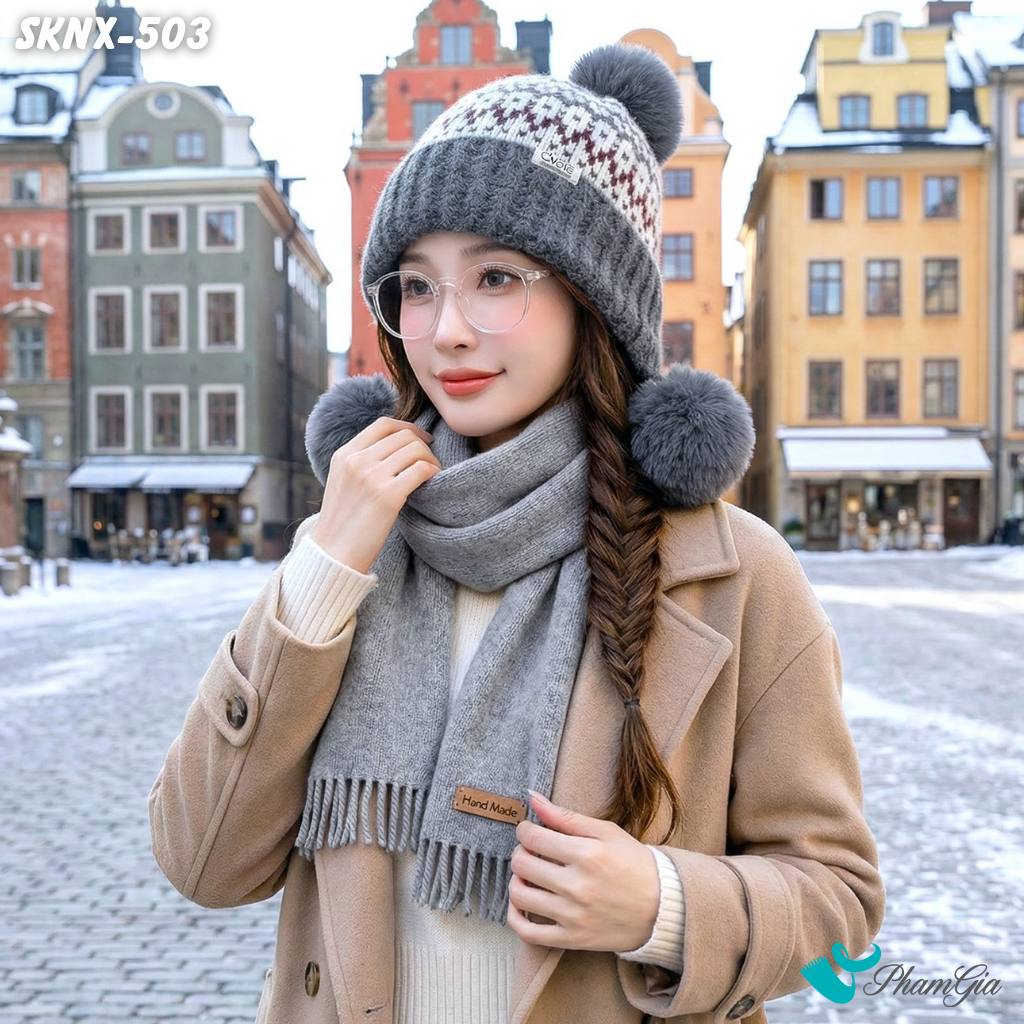 Set Giữ Ấm Đặc Biệt Mùa Đông Gồm Khăn Len Và Nón Len Màu Xám (SKNX503)