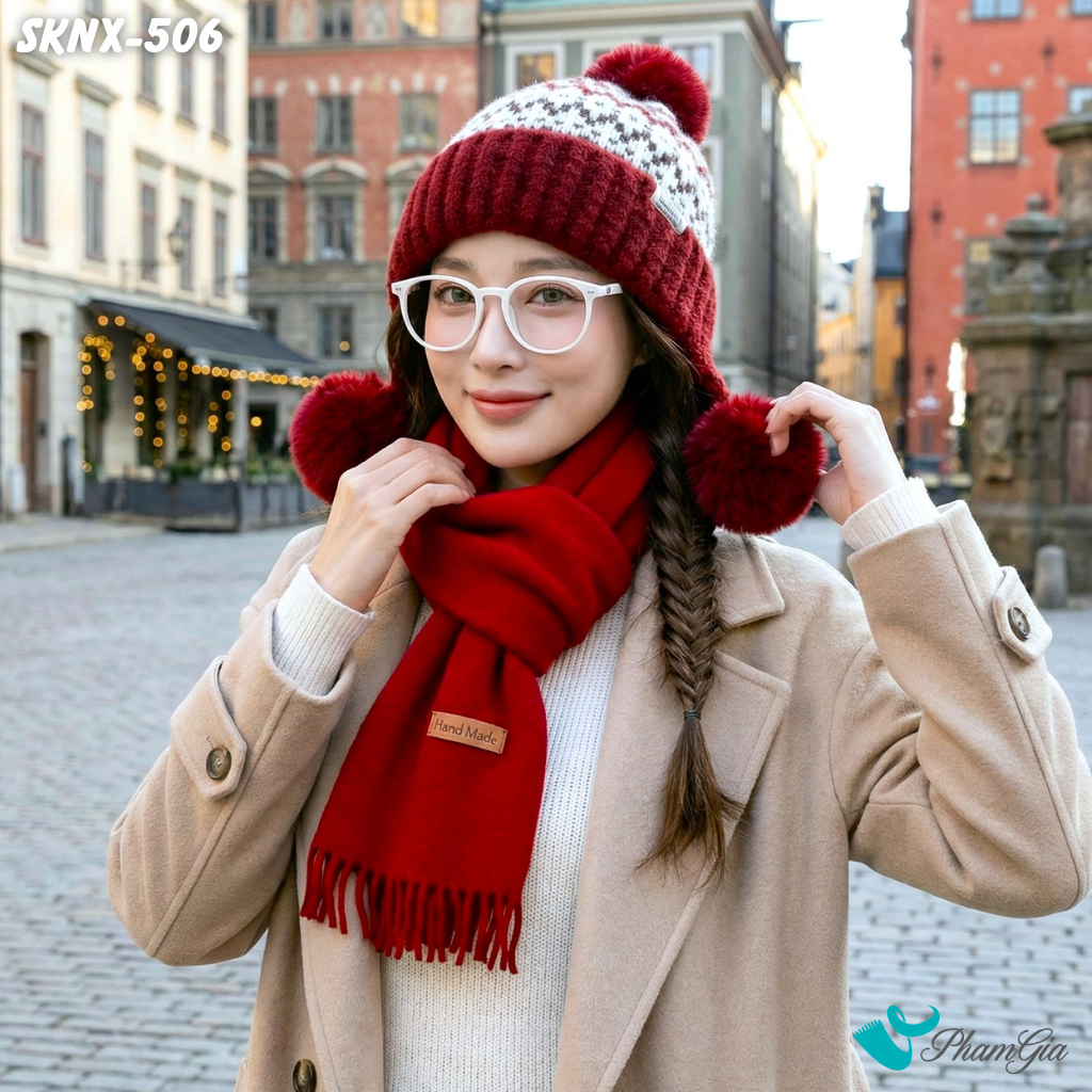 Set Giữ Ấm Đặc Biệt Mùa Đông Gồm Khăn Len Và Nón Len Màu Đỏ (SKNX506)