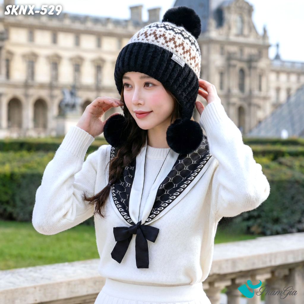 Set Giữ Ấm Đặc Biệt Mùa Đông Gồm Khăn Len Và Nón Len Màu Đen (SKNX529)
