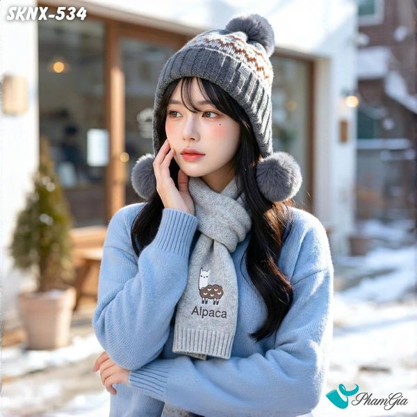 Set Giữ Ấm Đặc Biệt Mùa Đông Gồm Khăn Len Và Nón Len Màu Xám (SKNX534)