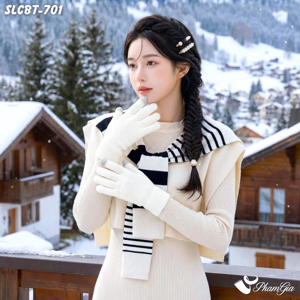 Set Giữ Ấm Đặc Biệt Mùa Đông Gồm Vạt Áo Len Và Găng Tay Len Màu Trắng (SLCBT701)