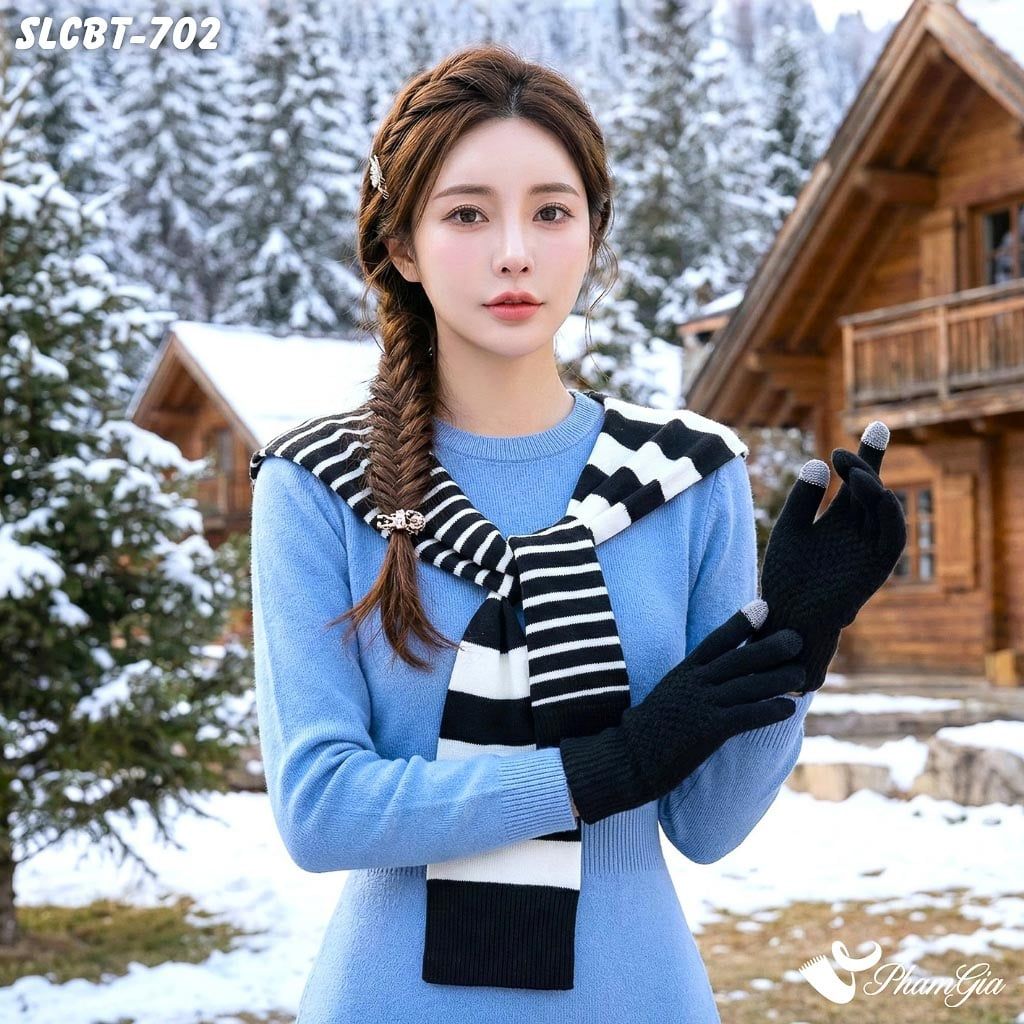 Set Giữ Ấm Đặc Biệt Mùa Đông Gồm Vạt Áo Len Và Găng Tay Len Màu Đen (SLCBT702)
