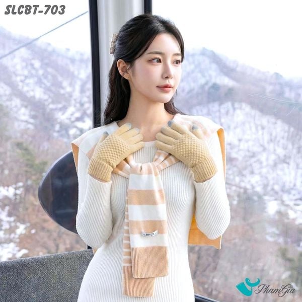 Set Giữ Ấm Đặc Biệt Mùa Đông Gồm Vạt Áo Len Và Găng Tay Len Màu Beige (SLCBT703)