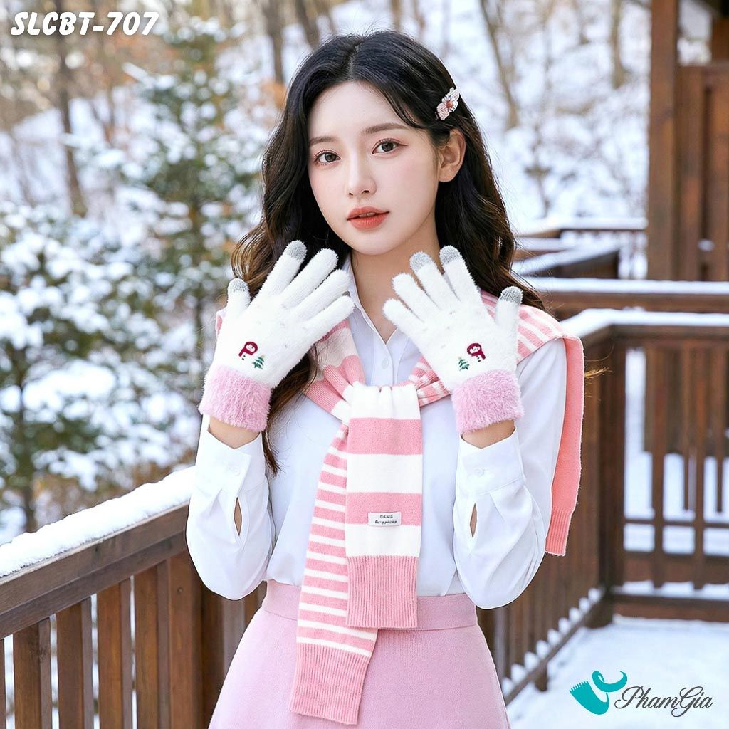 Set Giữ Ấm Đặc Biệt Mùa Đông Gồm Vạt Áo Len Và Găng Tay Len Màu Hồng Baby (SLCBT707)