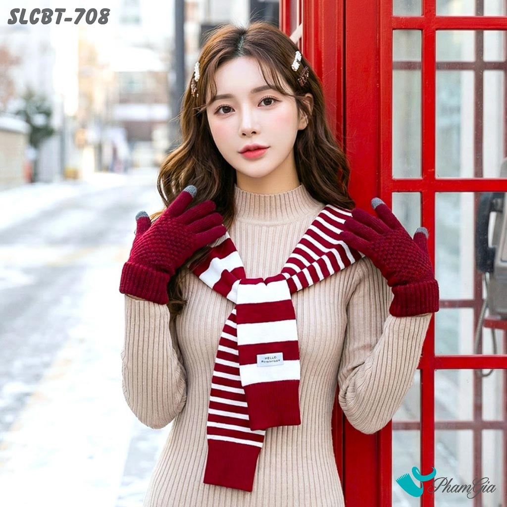 Set Giữ Ấm Đặc Biệt Mùa Đông Gồm Vạt Áo Len Và Găng Tay Len Màu Đỏ (SLCBT708)