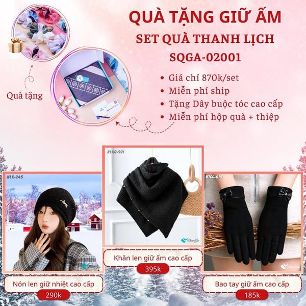 Quà Tặng Giữ Ấm Thanh Lịch - Set Quà Tặng Nón Len, Khăn Giữ Ấm Và Bao Tay (SQGA02001)
