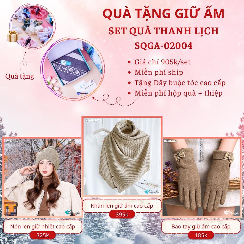Quà Tặng Giữ Ấm Thanh Lịch - Set Quà Tặng Nón Len, Khăn Giữ Ấm Và Bao Tay (SQGA02004)