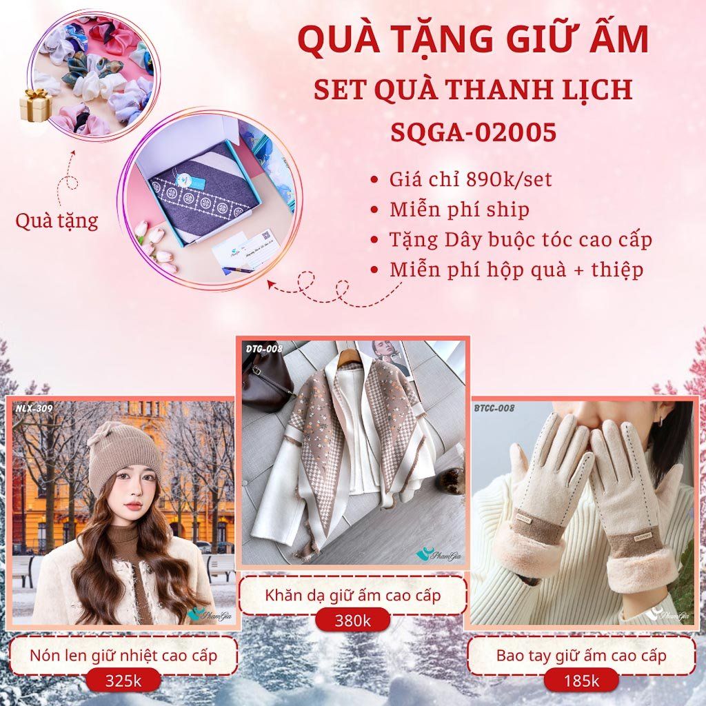 Quà Tặng Giữ Ấm Thanh Lịch - Set Quà Tặng Nón Len, Khăn Giữ Ấm Và Bao Tay (SQGA02005)
