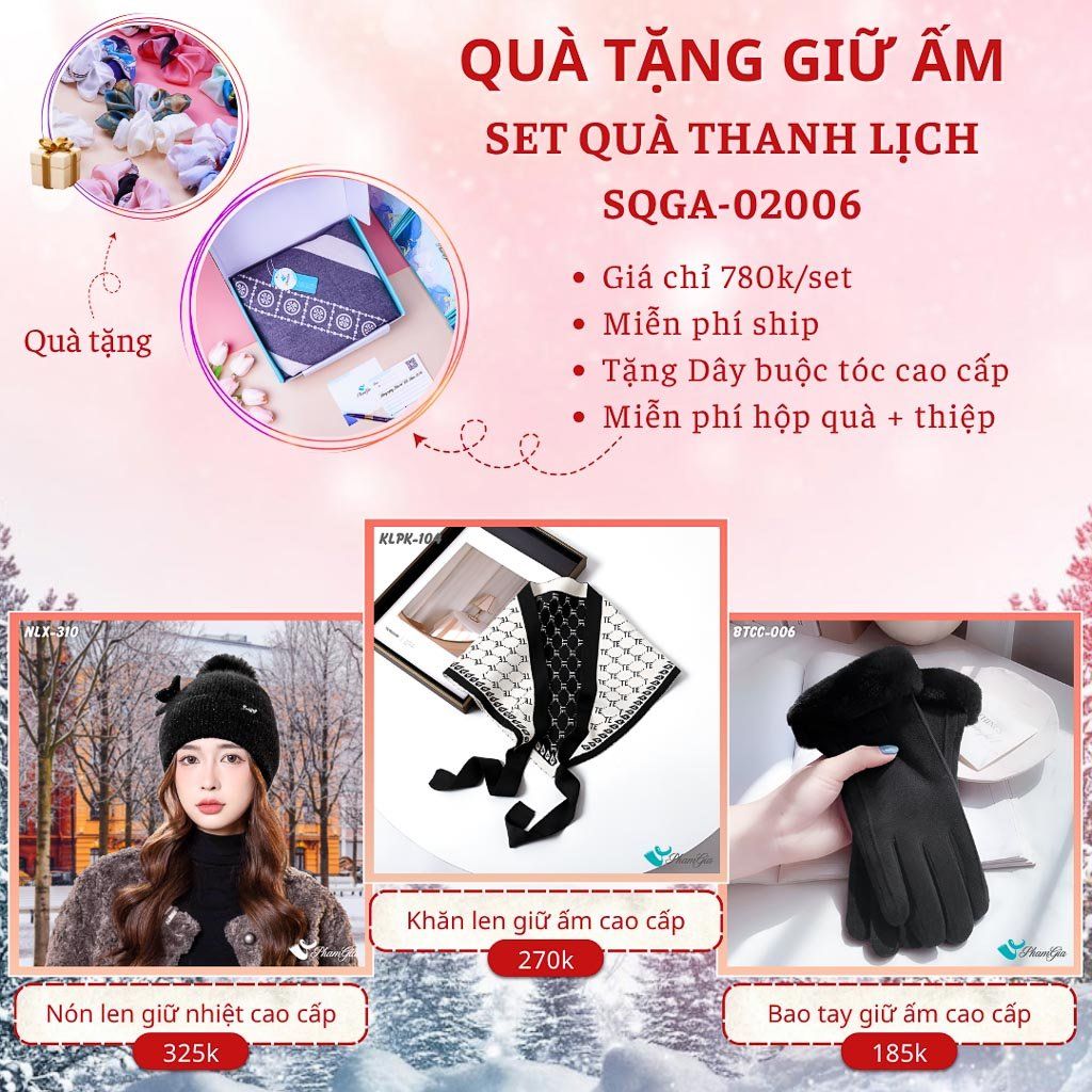 Quà Tặng Giữ Ấm Thanh Lịch - Set Quà Tặng Nón Len, Khăn Giữ Ấm Và Bao Tay (SQGA02006)