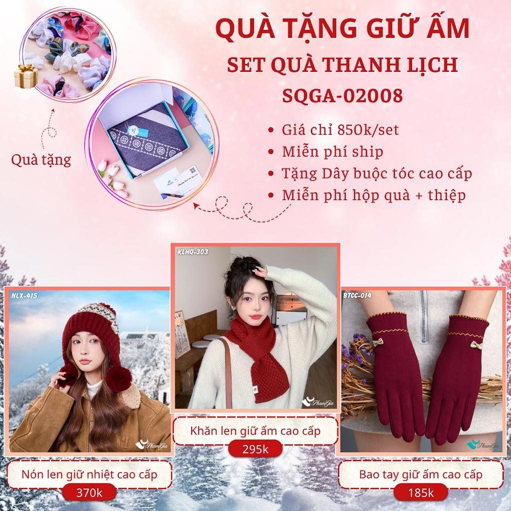 Quà Tặng Giữ Ấm Thanh Lịch - Set Quà Tặng Nón Len, Khăn Giữ Ấm Và Bao Tay (SQGA02008)