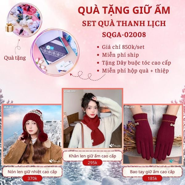 Quà Tặng Giữ Ấm Thanh Lịch - Set Quà Tặng Nón Len, Khăn Giữ Ấm Và Bao Tay (SQGA02008)