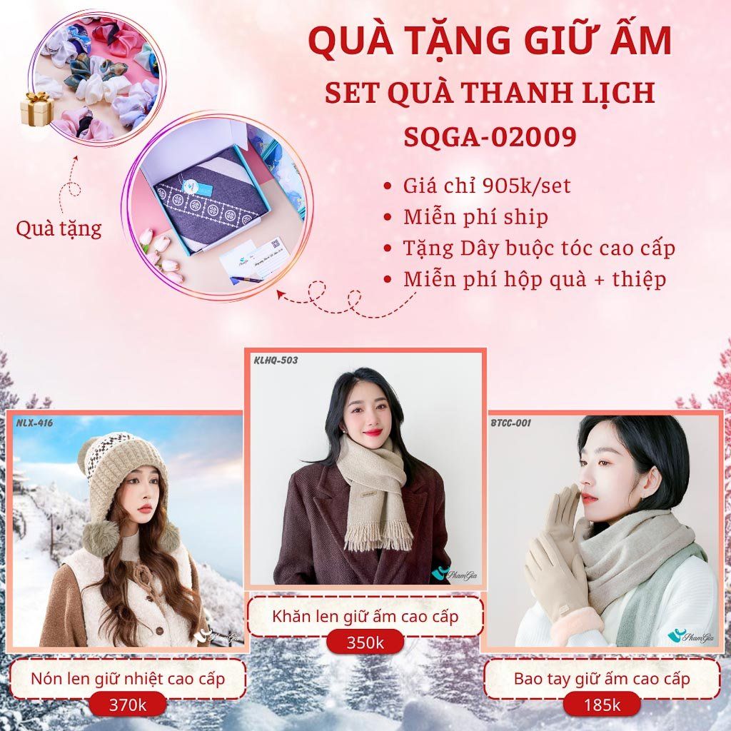 Quà Tặng Giữ Ấm Thanh Lịch - Set Quà Tặng Nón Len, Khăn Giữ Ấm Và Bao Tay (SQGA02009)