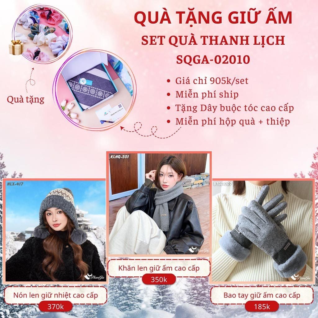 Quà Tặng Giữ Ấm Thanh Lịch - Set Quà Tặng Nón Len, Khăn Giữ Ấm Và Bao Tay (SQGA02010)