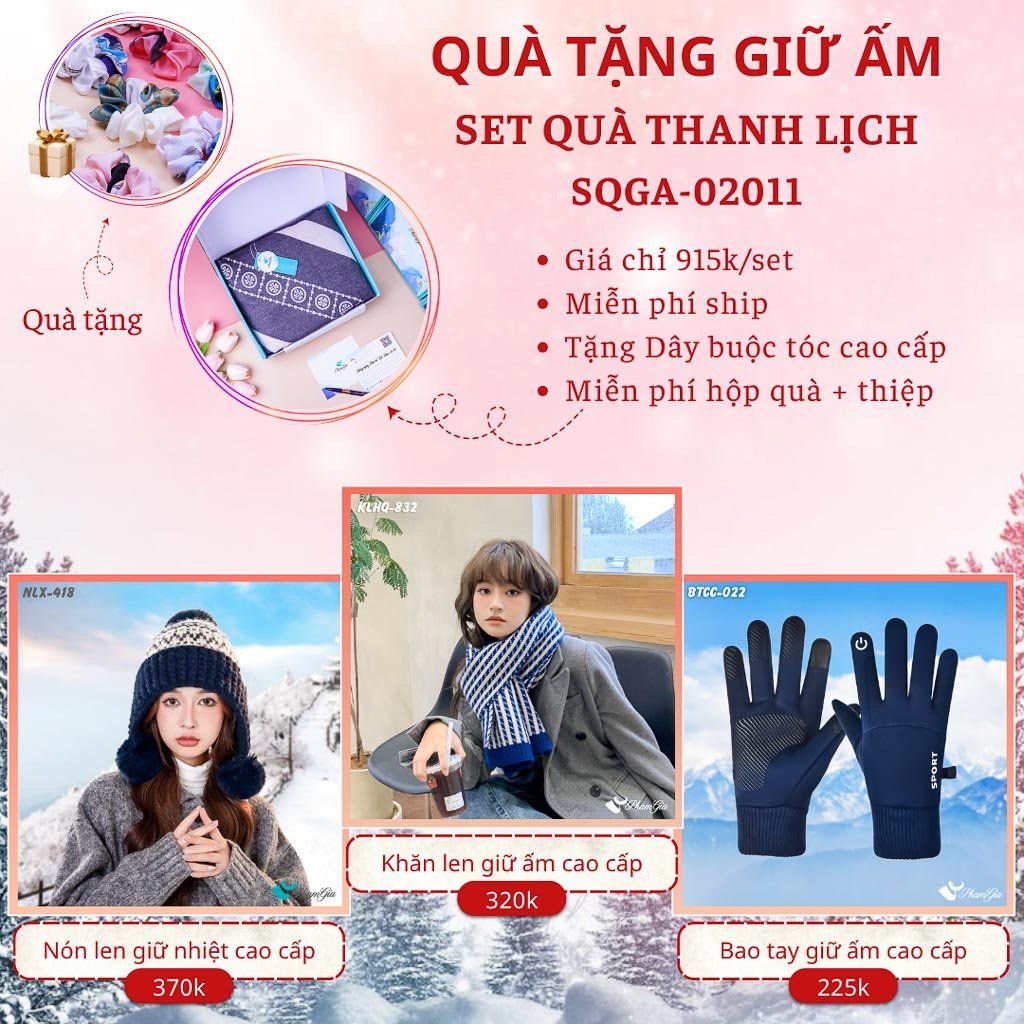 Quà Tặng Giữ Ấm Thanh Lịch - Set Quà Tặng Nón Len, Khăn Giữ Ấm Và Bao Tay (SQGA02011)