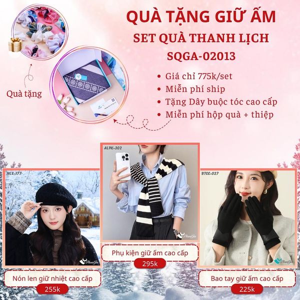 Quà Tặng Giữ Ấm Thanh Lịch - Set Quà Tặng Nón Len, Khăn Giữ Ấm Và Bao Tay (SQGA02013)