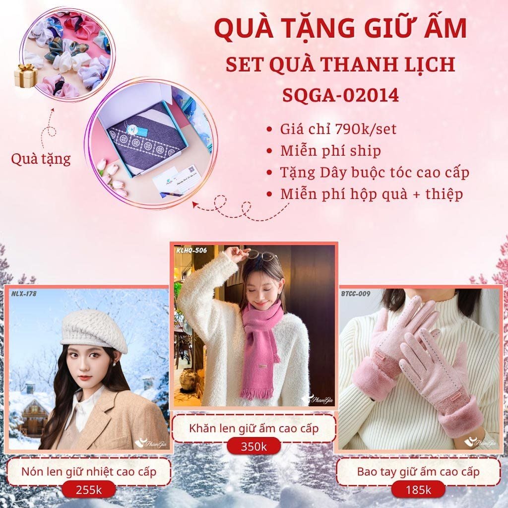 Quà Tặng Giữ Ấm Thanh Lịch - Set Quà Tặng Nón Len, Khăn Giữ Ấm Và Bao Tay (SQGA02014)